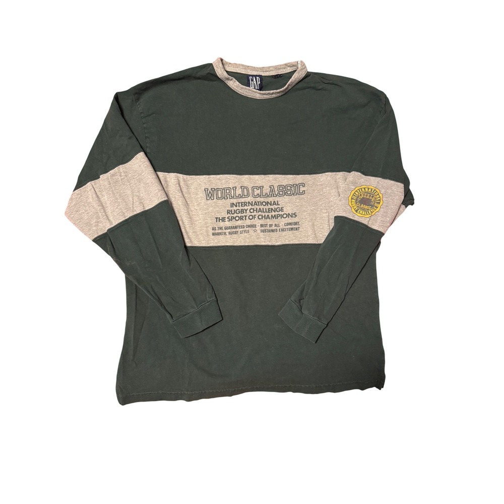 Gap Vintage World Classic Rugby Graphic Long Sleeve Shirt Green Gray Mens XL